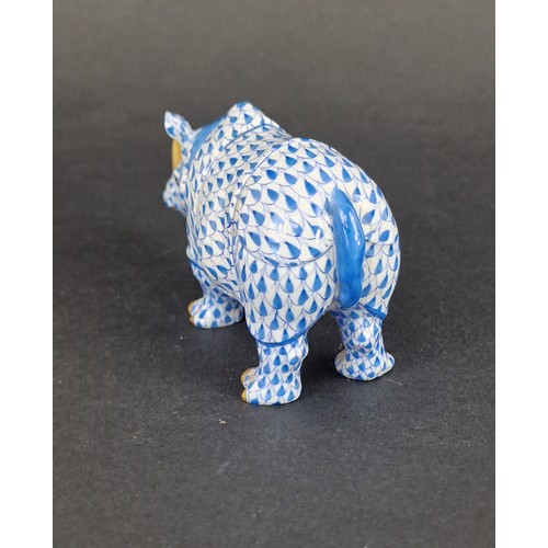 212 - Herend Porcelain Rhino - Hand Painted in Blue Fishnet pattern with gilt embellishments 13cm long