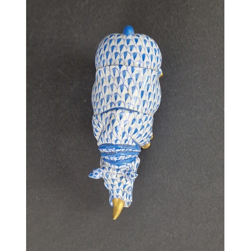 212 - Herend Porcelain Rhino - Hand Painted in Blue Fishnet pattern with gilt embellishments 13cm long