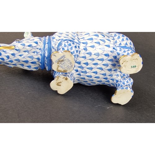 212 - Herend Porcelain Rhino - Hand Painted in Blue Fishnet pattern with gilt embellishments 13cm long