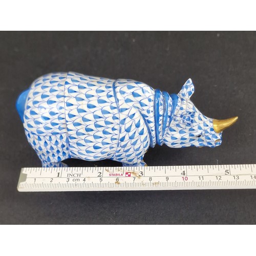 212 - Herend Porcelain Rhino - Hand Painted in Blue Fishnet pattern with gilt embellishments 13cm long