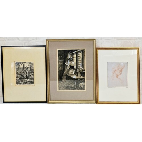 33 - Mixed lot of Three Pictures - Includes a pen and ink print of Michelangelo, A Victorian Lady, and a ... 