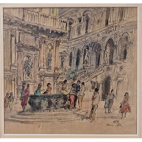 44 - Sir Albert Richardson P.R.A (1880 - 1964) Pen and Ink finished in Watercolour.  Doge Palace, Venice ... 