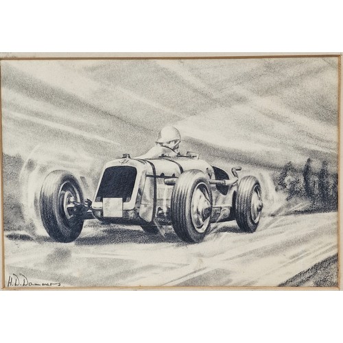 49 - a Rare Hand Drawn Pencil Sketch of a 1930's Austin Racing car, signed by artist. H.D  Dammers. A ski... 