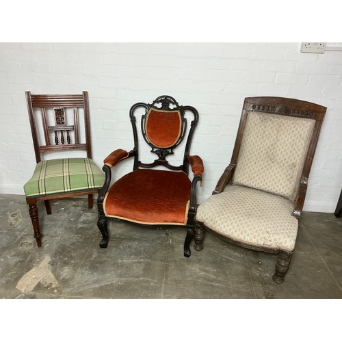 480 - Three Victorian Chairs - A recovered Dining Chair (Loose Joints), a chippendale style carver chair a... 