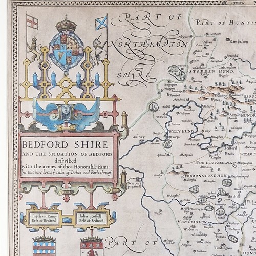 36 - Bedfordshire County Map By John Speed - Hand Coloured plate by John Speed  published in The Theatre ... 