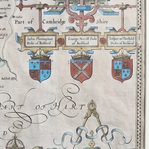 36 - Bedfordshire County Map By John Speed - Hand Coloured plate by John Speed  published in The Theatre ... 