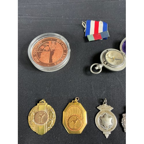18 - Collection of Football Medals - together with a pocket compass, cased reading glasses and a minors t... 