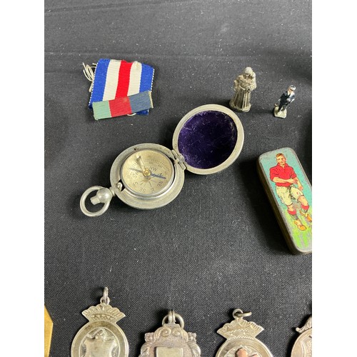 18 - Collection of Football Medals - together with a pocket compass, cased reading glasses and a minors t... 