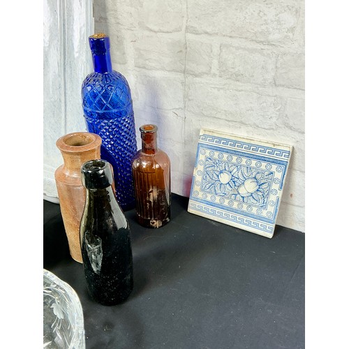 34 - French Enamel Drip tray - together with a wall tile and glass bottles

Postage Band B