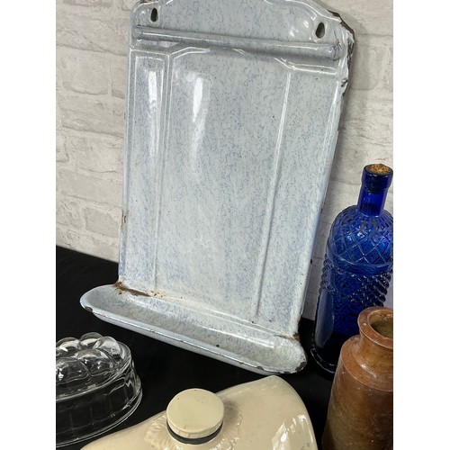 34 - French Enamel Drip tray - together with a wall tile and glass bottles

Postage Band B