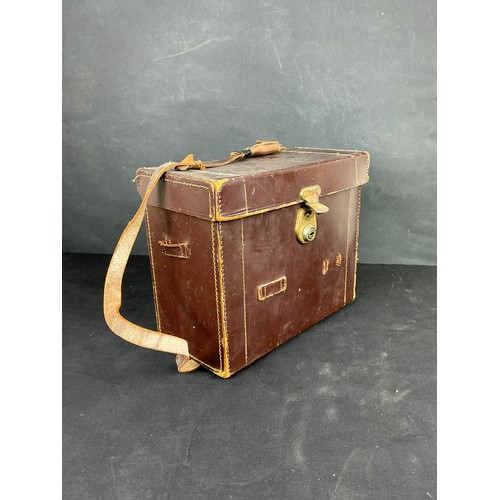 35 - Leather Carry Case - hard framed carry case/camera bag with leather strap, working catch. 29 x 15 x2... 