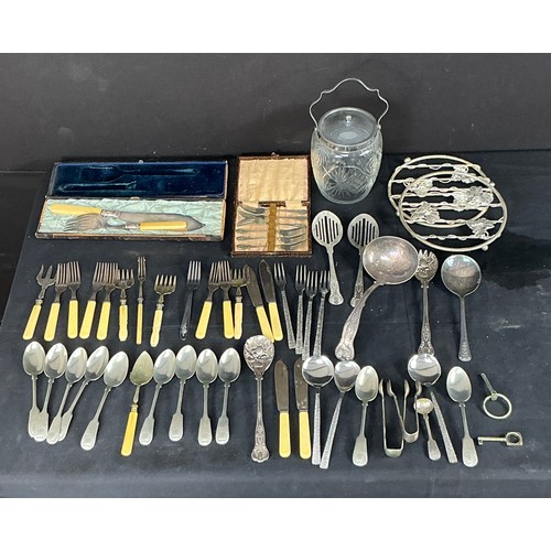 61 - Collection of Silver Plate and Stainless Steel - small group of cutlery, a biscuit barrel and two tr... 