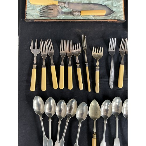 61 - Collection of Silver Plate and Stainless Steel - small group of cutlery, a biscuit barrel and two tr... 