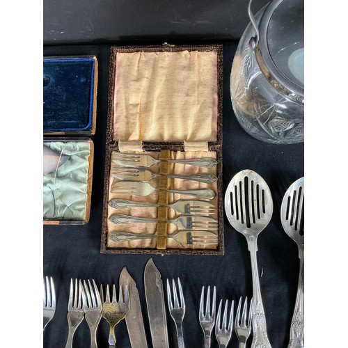 61 - Collection of Silver Plate and Stainless Steel - small group of cutlery, a biscuit barrel and two tr... 
