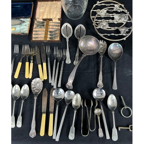 61 - Collection of Silver Plate and Stainless Steel - small group of cutlery, a biscuit barrel and two tr... 