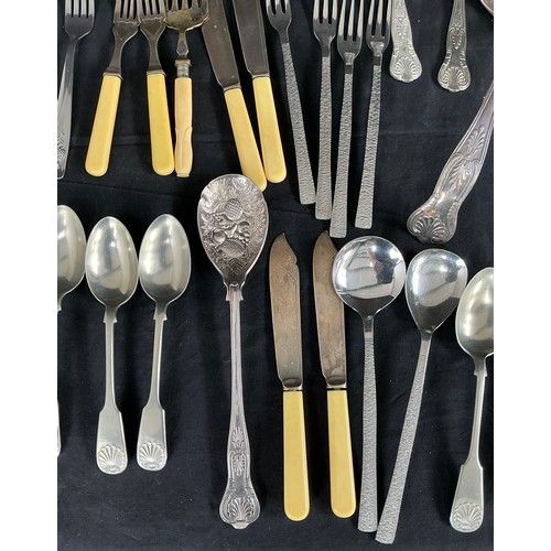 61 - Collection of Silver Plate and Stainless Steel - small group of cutlery, a biscuit barrel and two tr... 