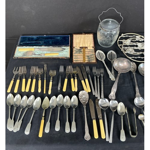 61 - Collection of Silver Plate and Stainless Steel - small group of cutlery, a biscuit barrel and two tr... 