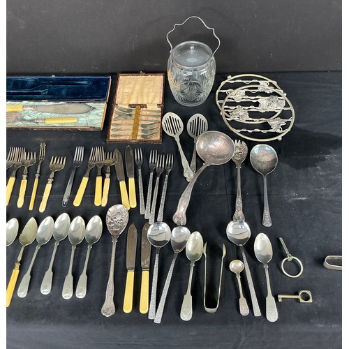 61 - Collection of Silver Plate and Stainless Steel - small group of cutlery, a biscuit barrel and two tr... 