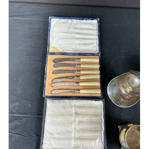 52 - Silver Plate adn EPNS Items - to include 2 boxed sets of butter knives, small picture frame. Heavy w... 
