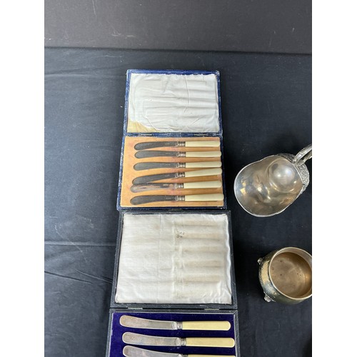 52 - Silver Plate adn EPNS Items - to include 2 boxed sets of butter knives, small picture frame. Heavy w... 