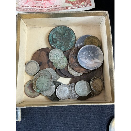 8 - Mixed lot of Ceramics, Silver, coins and binoculars to iclude willow pattern plates, Georgian Silver... 
