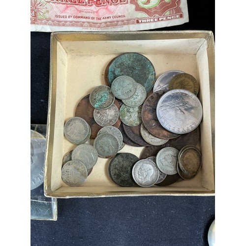 8 - Mixed lot of Ceramics, Silver, coins and binoculars to iclude willow pattern plates, Georgian Silver... 