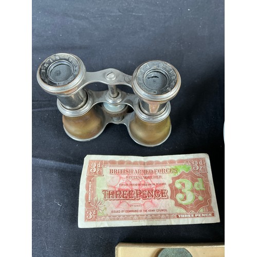 8 - Mixed lot of Ceramics, Silver, coins and binoculars to iclude willow pattern plates, Georgian Silver... 