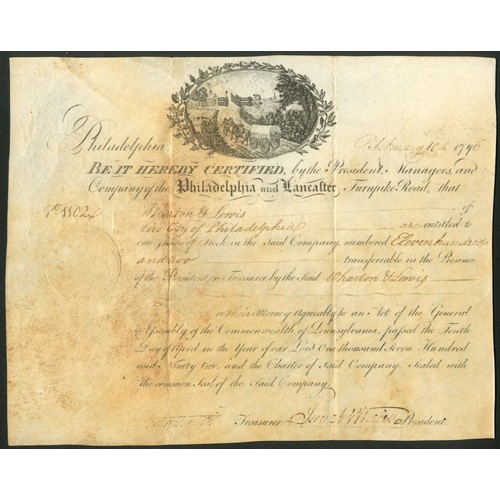 776 - ª U.S.A.: Philadelphia and Lancaster Turnpike Road,
one share, 179[6], #1102, signed by Israel Whele... 