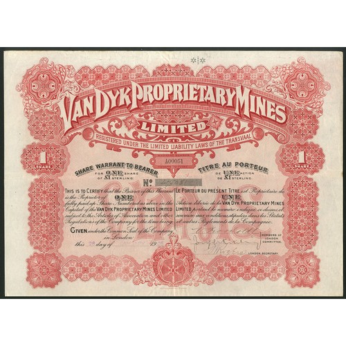 230 - South Africa: Van Dyk Proprietary Mines Limited, 1 share of £1, 19[05], #A00051, ornate design with ... 