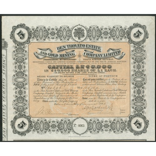 175 - ª South Africa: Ben Trovato Estate and Gold Mining Co. Ltd., 5 shares, London 189[5], #0063, signed ... 