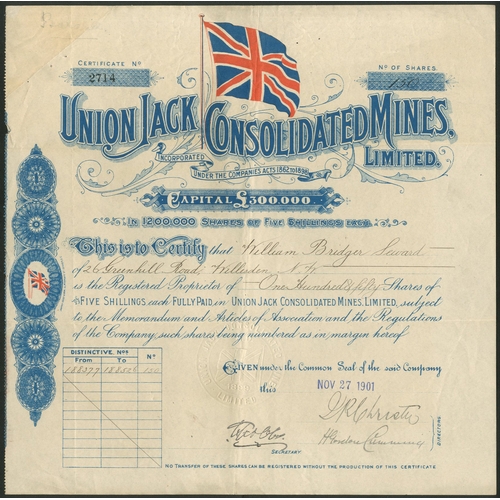 33 - Australia: Queensland: Union Jack Consolidated Mines Ltd., 5/- shares, [1901], #2714, decorative blu... 