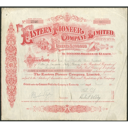 107 - China: Eastern Pioneer Co. Ltd., £1 shares, 19[15], #2346, red with scrollwork. Registered 1899 to a... 