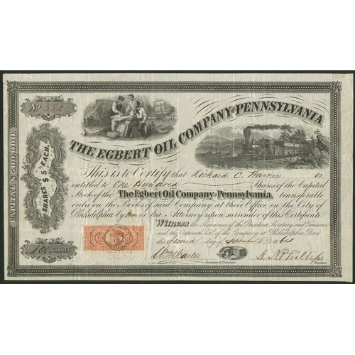 745 - U.S.A.: Egbert Oil Company of Pennsylvania, $5 shares, 18[64], #552, vignettes and decorative border... 