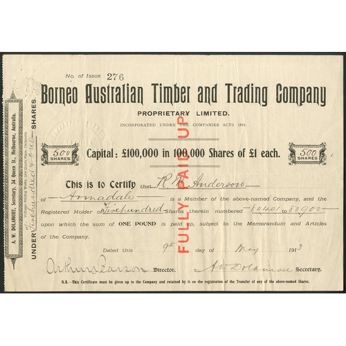 52 - British Borneo: Borneo Australian Timber and Trading Co. Proprietary Ltd., £1 shares, 191[3], #276, ... 