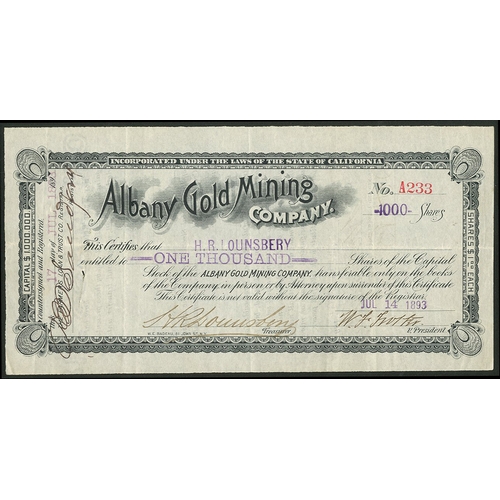 691 - U.S.A. - California: Albany Gold Mining Co., $1 shares, [1893], #A233, small format, black. Owned th... 