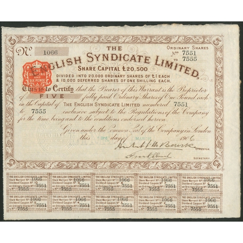 132 - Korea: English Syndicate Ltd., 5 Ordinary shares, 190[6], #1066, ornate border, brown, coupons. Regi... 