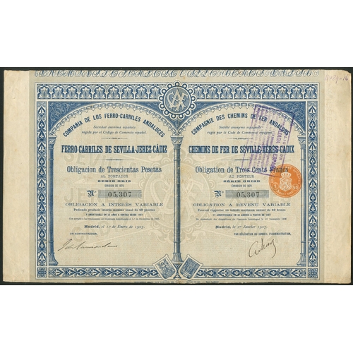 311 - Spain: Cia de los Ferro-Carriles Andaluces, a trio of 3 1/3% bonds issued in 1907 in exchange for ol... 