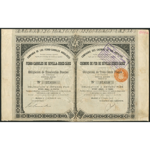 311 - Spain: Cia de los Ferro-Carriles Andaluces, a trio of 3 1/3% bonds issued in 1907 in exchange for ol... 