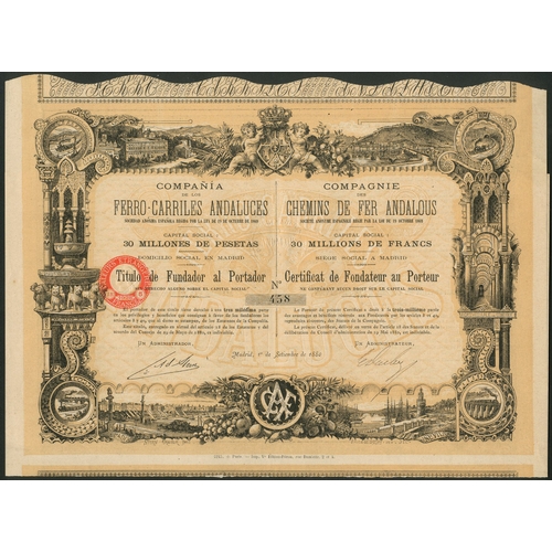 313 - Spain: Cia de los Ferro-Carriles Andaluces, founders share, 1880, #458, attractive border, black, ye... 