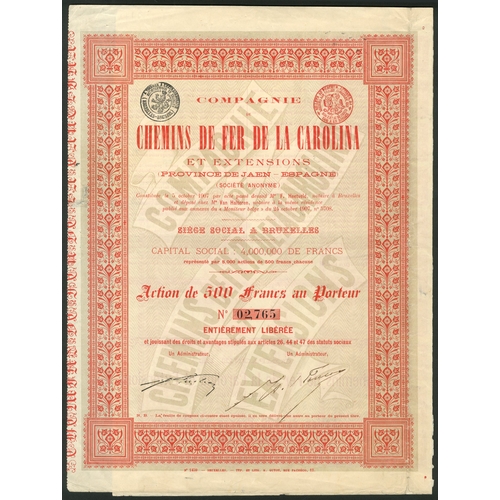 315 - Spain: Compagnie de Chemins de Fer de la Carolina et Extensions, 500 franc share, 1907, together wit... 