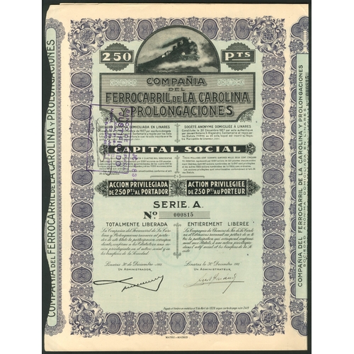 315 - Spain: Compagnie de Chemins de Fer de la Carolina et Extensions, 500 franc share, 1907, together wit... 