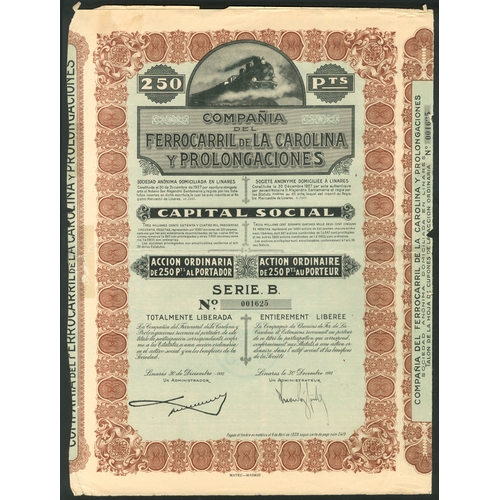 315 - Spain: Compagnie de Chemins de Fer de la Carolina et Extensions, 500 franc share, 1907, together wit... 