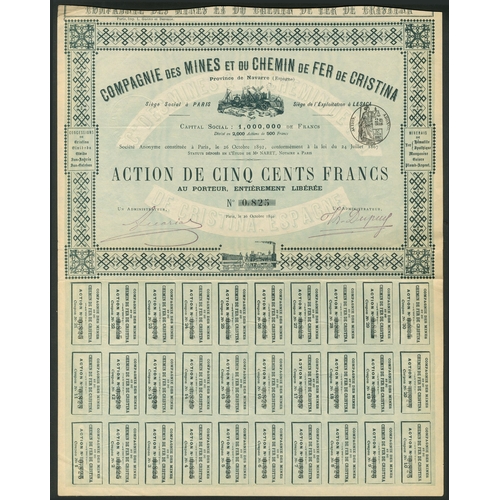 317 - Spain: Compagnie des Mines et du Chemin de Fer de Cristina, 500 franc share, 1892, 2 examples, #825 ... 