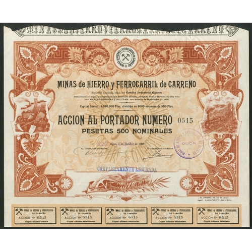 328 - Spain: Minas de Hierro y Ferrocarril de Carreño, 500 peseta share, 1900, #0515, attractive br... 