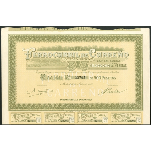 328 - Spain: Minas de Hierro y Ferrocarril de Carreño, 500 peseta share, 1900, #0515, attractive br... 