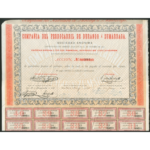 320 - Spain: Compañia del Ferrocarril de Durango á Zumarraga, 500 peseta share, circa 1885, ... 