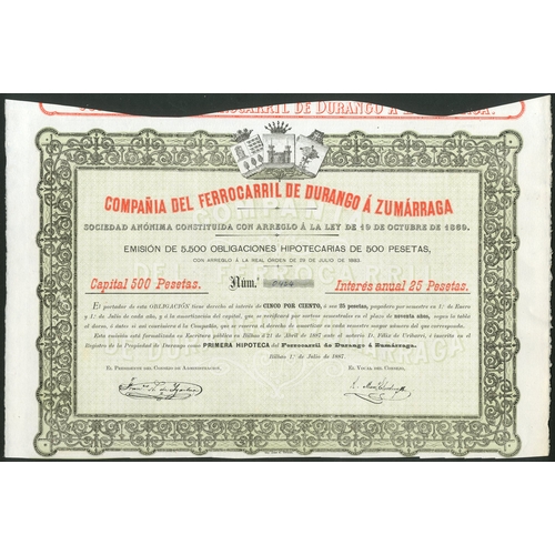 320 - Spain: Compañia del Ferrocarril de Durango á Zumarraga, 500 peseta share, circa 1885, ... 