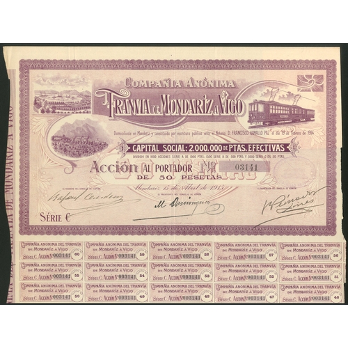 323 - Spain: Compañia Anónima Tranvia de Mondariz a Vigo, 500 peseta share, 1915, series B, ... 