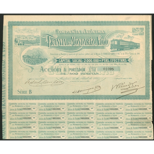 323 - Spain: Compañia Anónima Tranvia de Mondariz a Vigo, 500 peseta share, 1915, series B, ... 