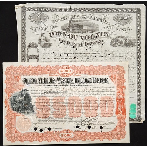 680 - U.S.A.: Pair of Railroad certificates comprising Toledo, St.Louis and Western Railroad Company, Prio... 